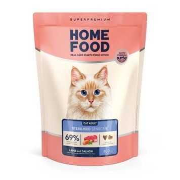 Полнорационный сухой корм для взрослых кошек Home Food с чувствительным пищеварением &laquo;Ягнятина и лосось&raquo;0.4 кг 2299987464 фото
