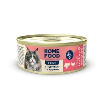 Повнораціонний консервований корм HOME FOOD для дорослих котів з індичкою та куркою в соусі, 85 г 2973552788 фото