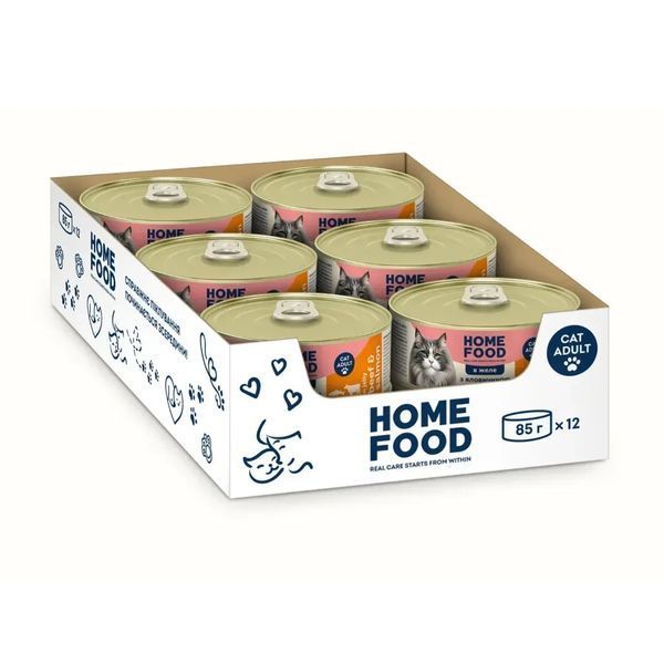 Повнораціонний консервований корм HOME FOOD для дорослих котів з яловичиною та лососем в желе, 12 х 85 г 2973564863 фото