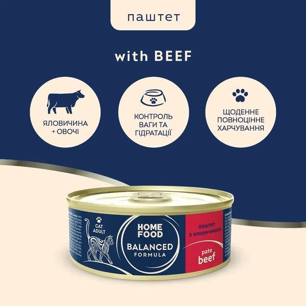 Повнораціонний консервований корм HOME FOOD для дорослих котів Паштет з яловичиною, 85 г 2973717597 фото