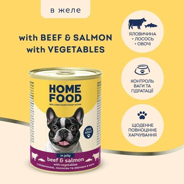 Повнораціонний консервований корм HOME FOOD для дорослих собак з яловичиною, лососем та овочами в желе, 360 г 2973725786 фото